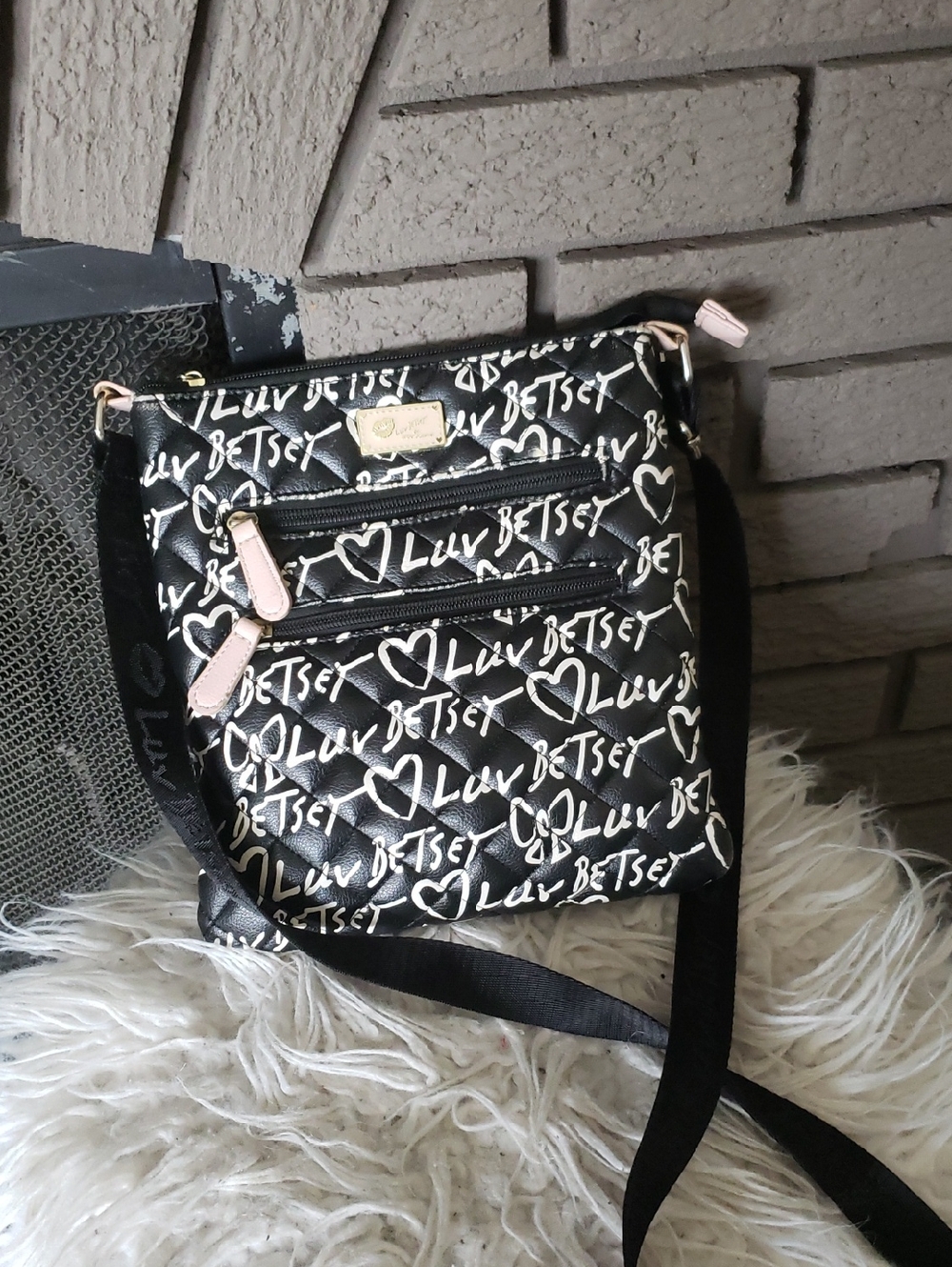Betsey Johnson Black Crossbody with White Script and Pink Accents